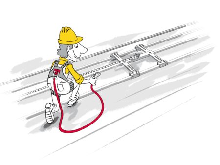 Operatore che si collega ad una linea vita fissata su un tetto in lamiera