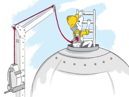 Operatore che entra in uno spazio confinato collegato ad un dispositivo anticaduta